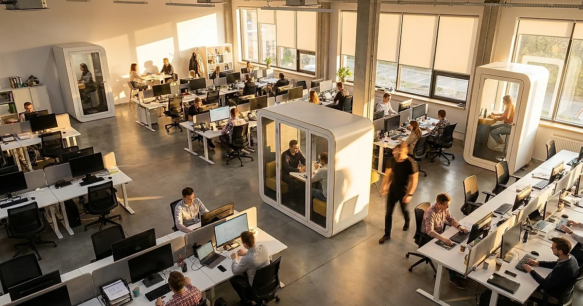 Budka akustyczna w open space — kiedy ma sens i ile ich potrzebujesz?